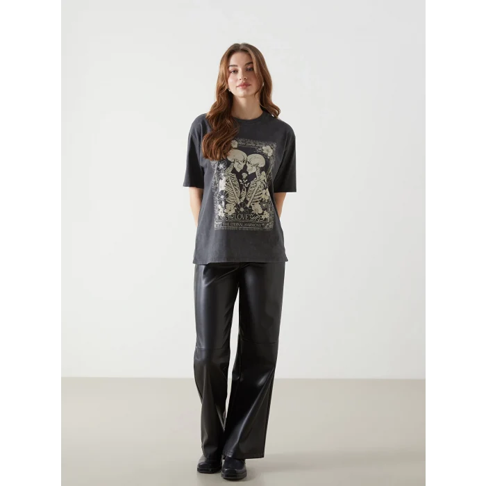 LCW Vision Antrasit Bisiklet Yaka Baskılı Oversize Kadın Tişört