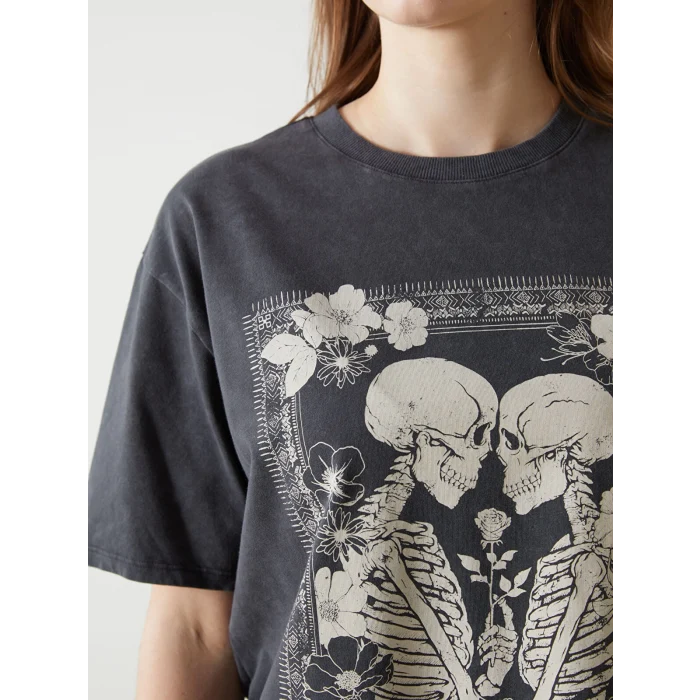 LCW Vision Antrasit Bisiklet Yaka Baskılı Oversize Kadın Tişört