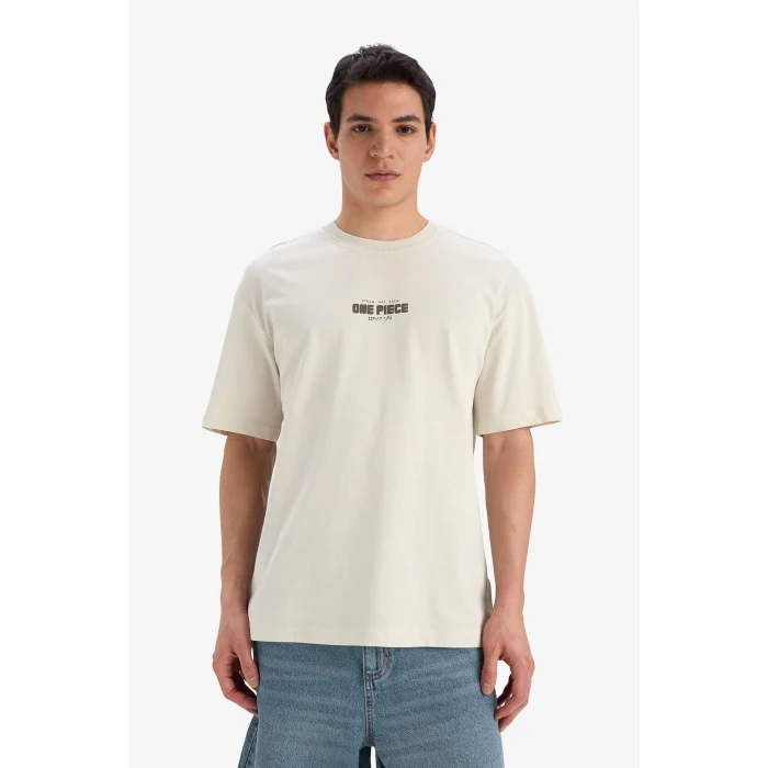 Defacto E0714 Bej %100 Pamuk One Piece Boxy Fit Bisiklet Yaka Sırt Baskılı Kısa Kollu Tişört