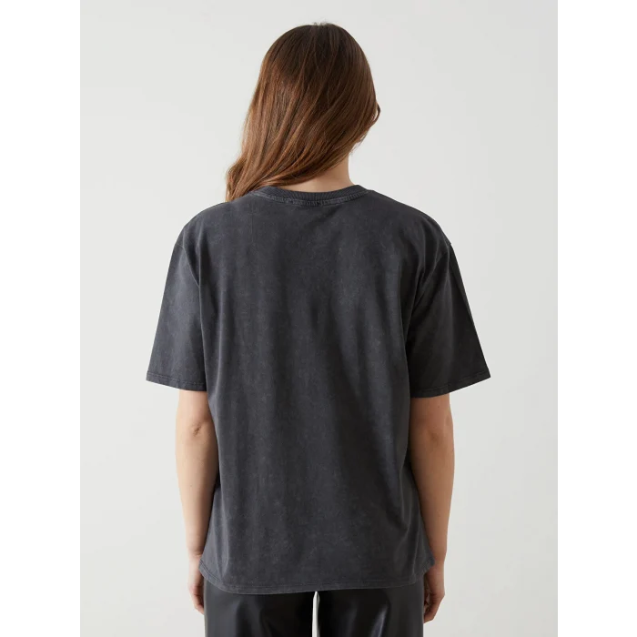 LCW Vision Antrasit Bisiklet Yaka Baskılı Oversize Kadın Tişört