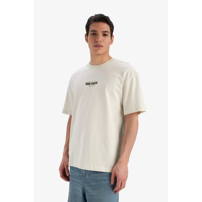 Defacto E0714 Bej %100 Pamuk One Piece Boxy Fit Bisiklet Yaka Sırt Baskılı Kısa Kollu Tişört