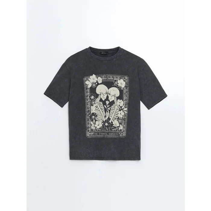 LCW Vision Antrasit Bisiklet Yaka Baskılı Oversize Kadın Tişört