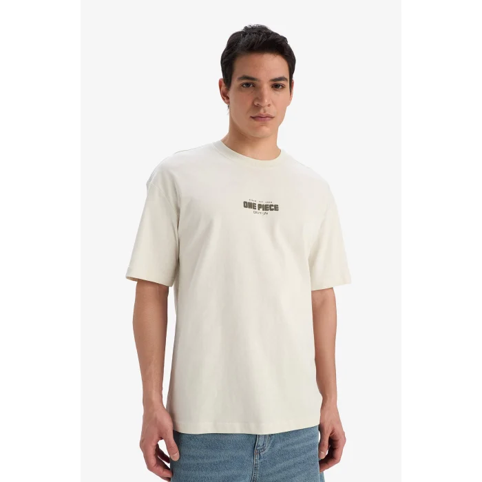 Defacto E0714 Bej %100 Pamuk One Piece Boxy Fit Bisiklet Yaka Sırt Baskılı Kısa Kollu Tişört