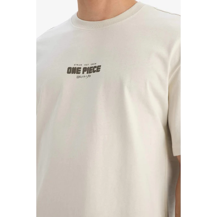 Defacto E0714 Bej %100 Pamuk One Piece Boxy Fit Bisiklet Yaka Sırt Baskılı Kısa Kollu Tişört