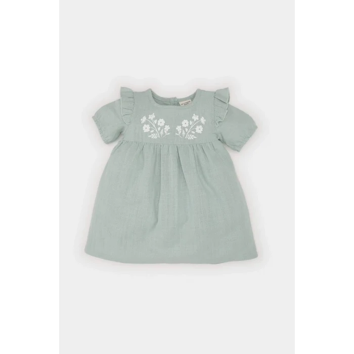 Defacto E5815 Yeşil Kız Bebek Kısa Kollu Flamlı Poplin Elbise