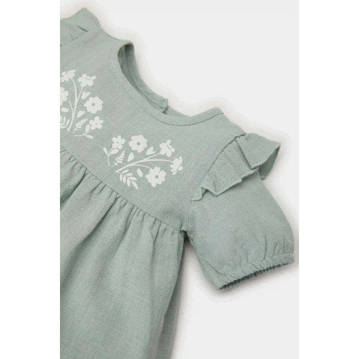 Defacto E5815 Yeşil Kız Bebek Kısa Kollu Flamlı Poplin Elbise