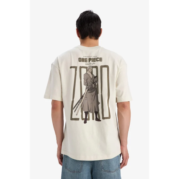 Defacto E0714 Bej %100 Pamuk One Piece Boxy Fit Bisiklet Yaka Sırt Baskılı Kısa Kollu Tişört