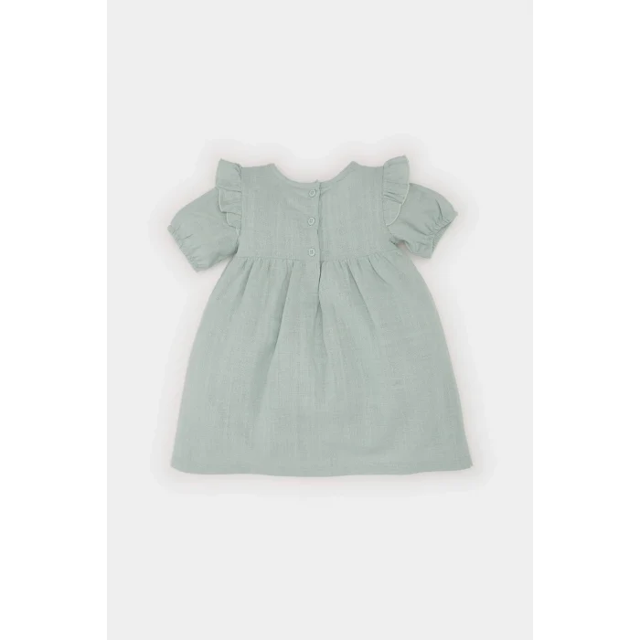 Defacto E5815 Yeşil Kız Bebek Kısa Kollu Flamlı Poplin Elbise