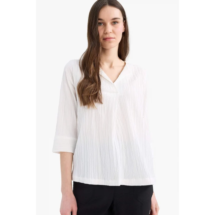 Defacto F1752 Ekru Regular Fit Kaçık Yaka Basic Düz Yarım Kollu Bluz