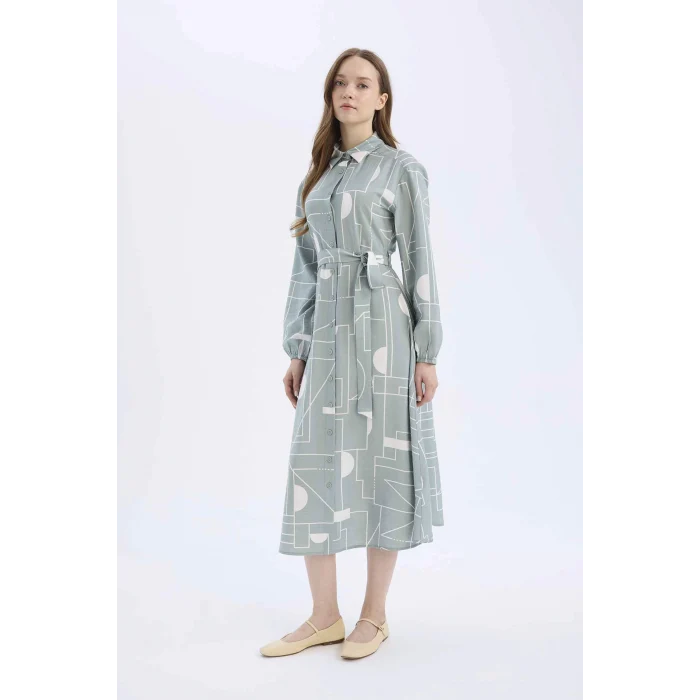 Defacto C2501 Yeşil Gömlek Yaka Desenli Aerobin Uzun Kollu Kuşaklı Midi Elbise