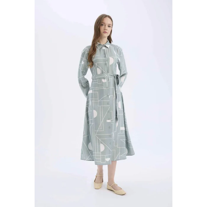 Defacto C2501 Yeşil Gömlek Yaka Desenli Aerobin Uzun Kollu Kuşaklı Midi Elbise