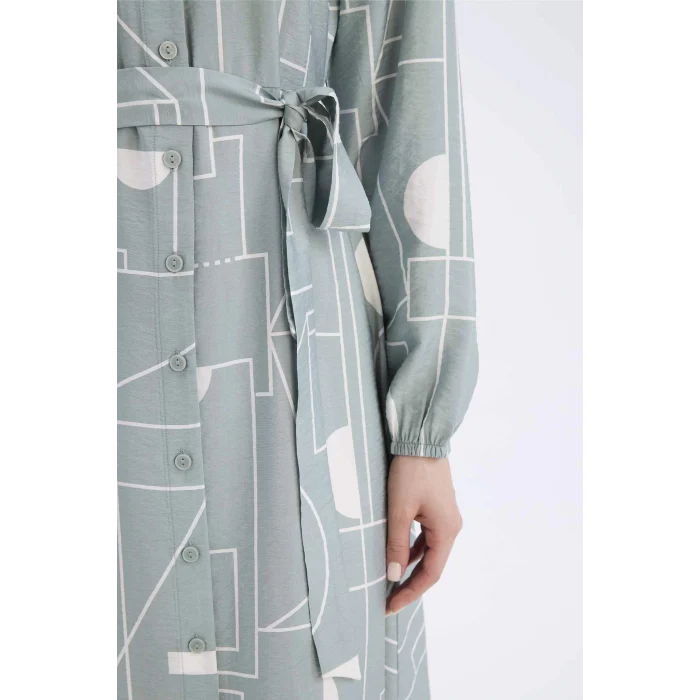 Defacto C2501 Yeşil Gömlek Yaka Desenli Aerobin Uzun Kollu Kuşaklı Midi Elbise