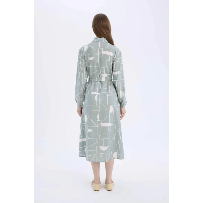 Defacto C2501 Yeşil Gömlek Yaka Desenli Aerobin Uzun Kollu Kuşaklı Midi Elbise