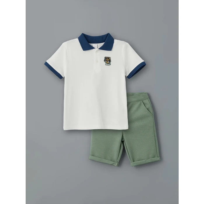 LCW Kids Ekru Polo Yaka Nakışlı Erkek Çocuk Tişört ve Şort 2li