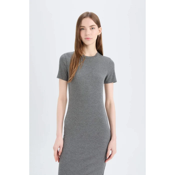 Defacto E6926 Antrasit Bodycon Vücudu Saran Bisiklet Yaka Basic Düz Fitilli Kaşkorse Kısa Kollu Midi Elbise