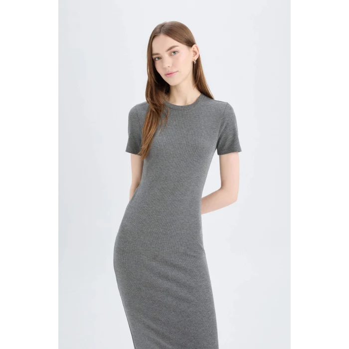 Defacto E6926 Antrasit Bodycon Vücudu Saran Bisiklet Yaka Basic Düz Fitilli Kaşkorse Kısa Kollu Midi Elbise
