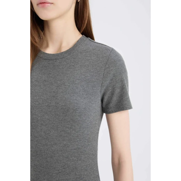 Defacto E6926 Antrasit Bodycon Vücudu Saran Bisiklet Yaka Basic Düz Fitilli Kaşkorse Kısa Kollu Midi Elbise