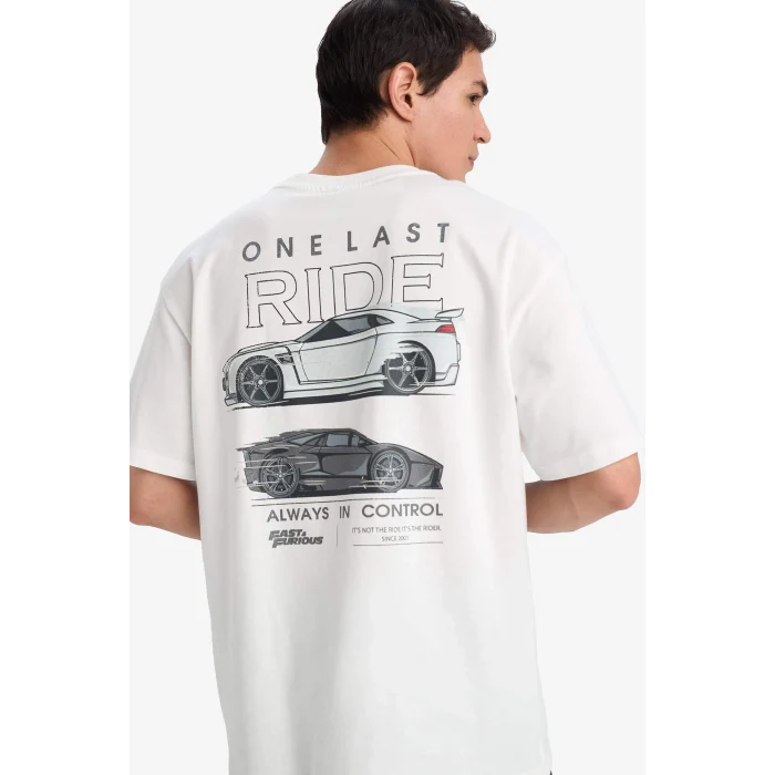 Defacto E0620 Ekru %100 Pamuk Fast & Furious Boxy Fit Bisiklet Yaka Sırt Baskılı Kısa Kollu Tişört