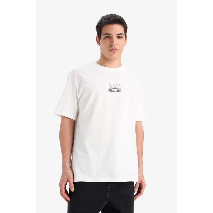 Defacto E0620 Ekru %100 Pamuk Fast & Furious Boxy Fit Bisiklet Yaka Sırt Baskılı Kısa Kollu Tişört