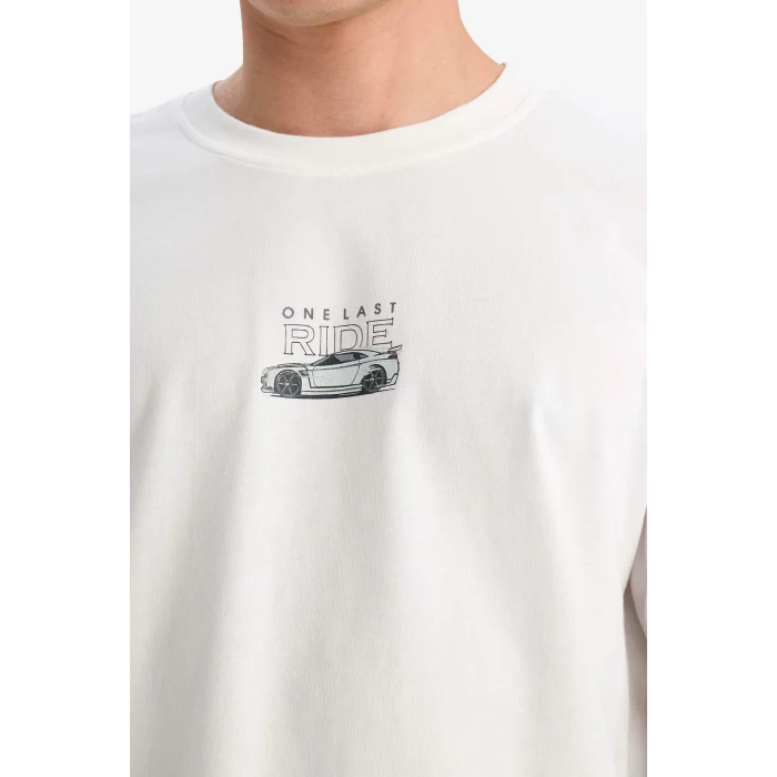 Defacto E0620 Ekru %100 Pamuk Fast & Furious Boxy Fit Bisiklet Yaka Sırt Baskılı Kısa Kollu Tişört