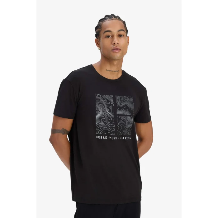 Defacto D7812 Siyah DeFactoFit Esnek Kumaş Standart Fit Bisiklet Yaka Baskılı Sporcu Kısa Kollu Tişört