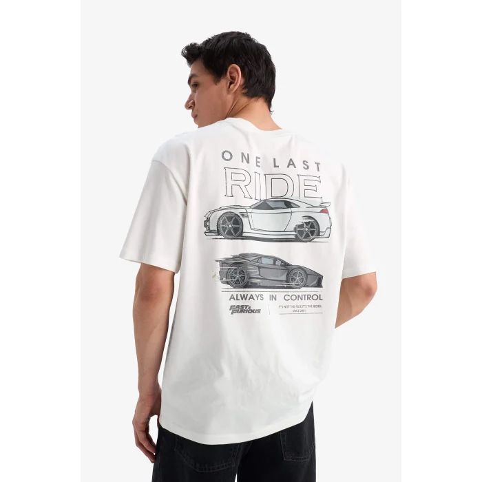 Defacto E0620 Ekru %100 Pamuk Fast & Furious Boxy Fit Bisiklet Yaka Sırt Baskılı Kısa Kollu Tişört