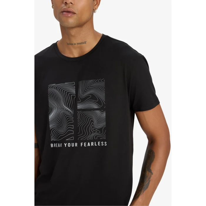 Defacto D7812 Siyah DeFactoFit Esnek Kumaş Standart Fit Bisiklet Yaka Baskılı Sporcu Kısa Kollu Tişört