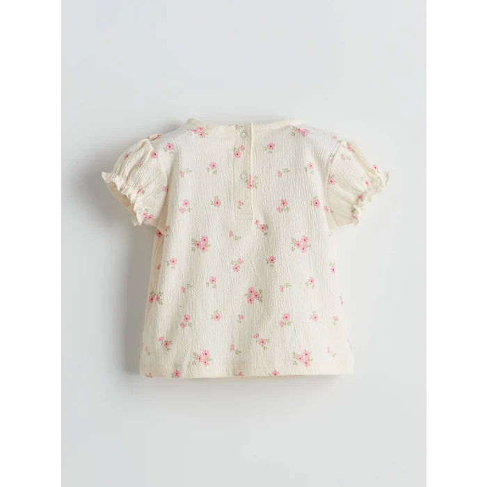 LCW baby Ekru Fırfırlı Çiçekli Kız Bebek Bluz ve Pantolon 2li