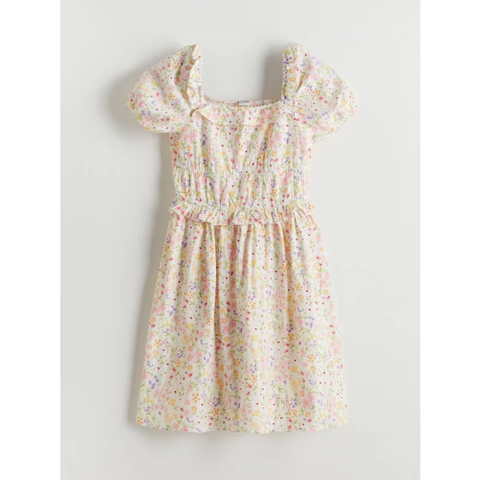 LCW Kids Yeşil Kare Yaka Çiçekli Kız Çocuk Elbise