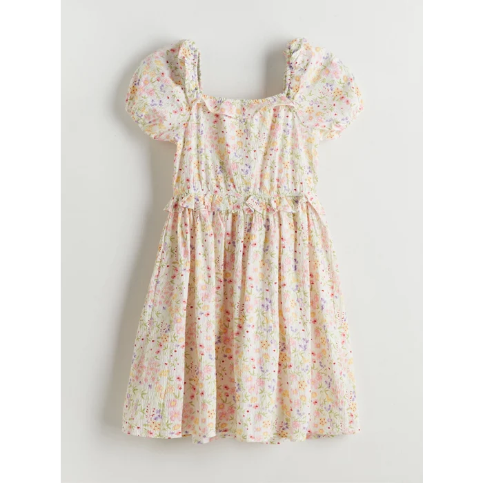 LCW Kids Yeşil Kare Yaka Çiçekli Kız Çocuk Elbise