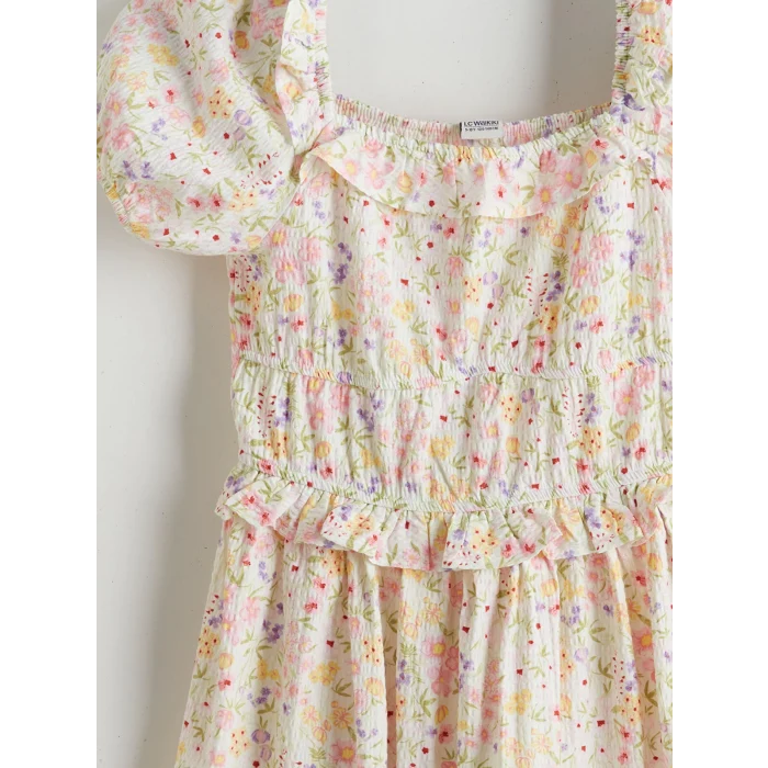 LCW Kids Yeşil Kare Yaka Çiçekli Kız Çocuk Elbise