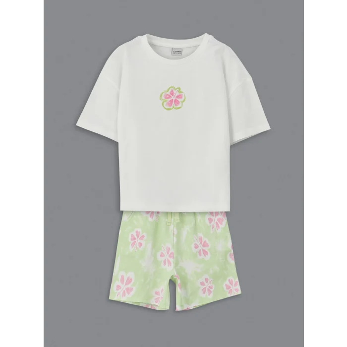 LCW Kids Ekru Bisiklet Yaka Çiçekli Kız Çocuk Tişört ve Şort