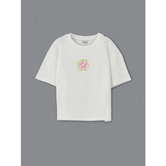 LCW Kids Ekru Bisiklet Yaka Çiçekli Kız Çocuk Tişört ve Şort