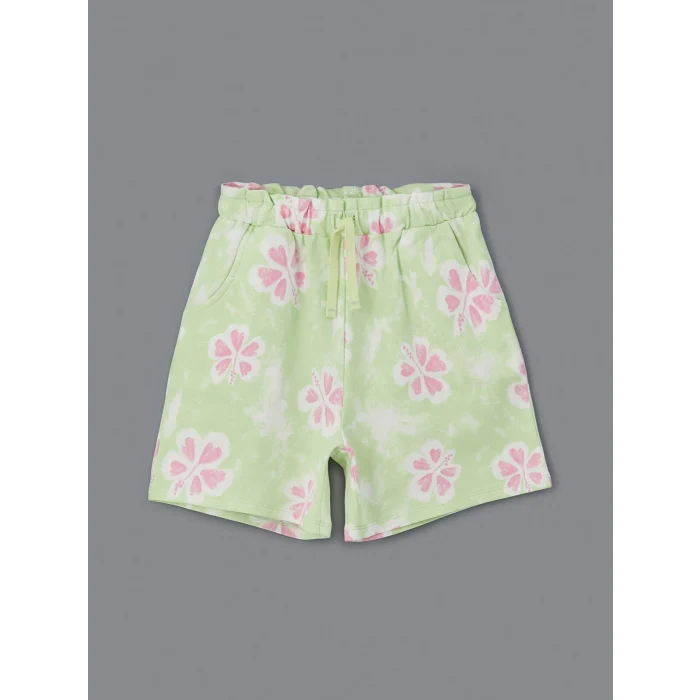 LCW Kids Ekru Bisiklet Yaka Çiçekli Kız Çocuk Tişört ve Şort