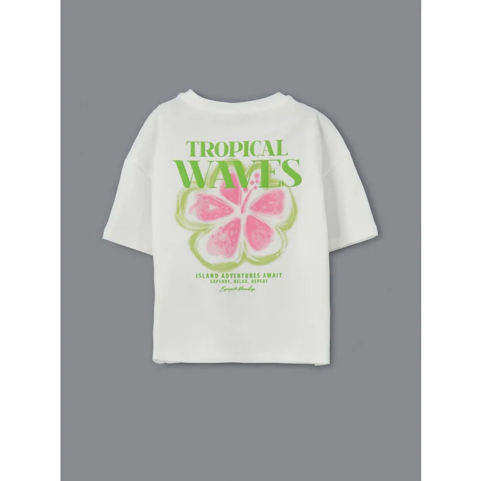 LCW Kids Ekru Bisiklet Yaka Çiçekli Kız Çocuk Tişört ve Şort