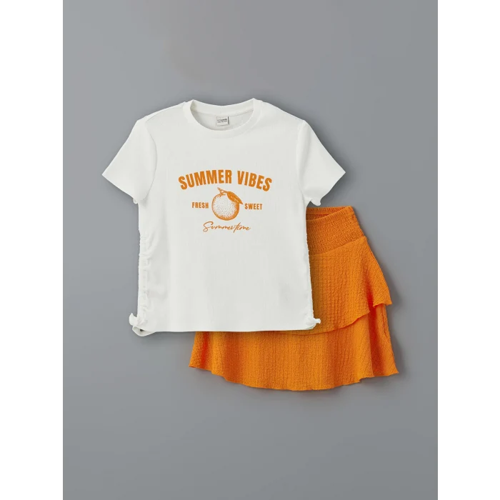 LCW Kids Ekru Bisiklet Yaka Kız Çocuk Tişört ve Etek