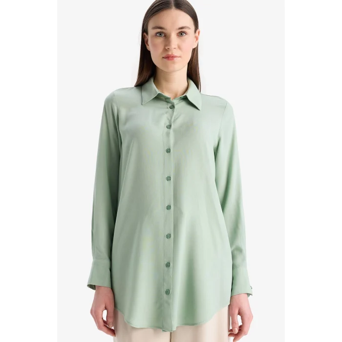 Defacto Z3538 Yeşil Regular Fit Basic Düz Uzun Kollu Tesettür Gömlek Tunik
