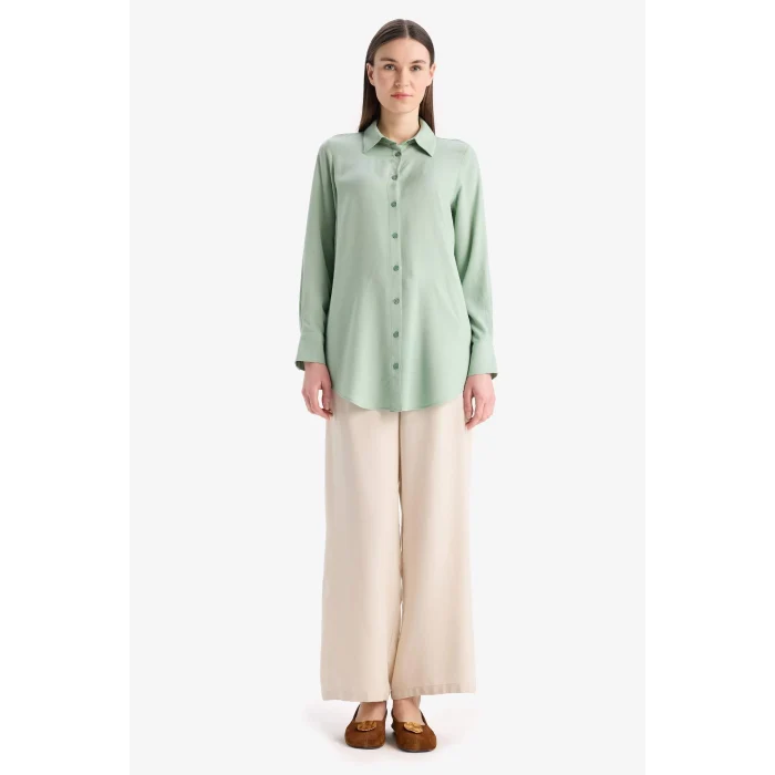 Defacto Z3538 Yeşil Regular Fit Basic Düz Uzun Kollu Tesettür Gömlek Tunik