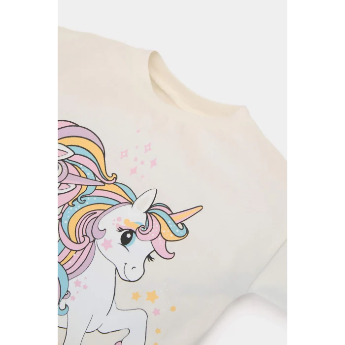 Defacto E5558 Ekru Kız Bebek 2li Takım Unicorn Baskılı Uzun Kollu Tişört İspanyol Paça Tayt