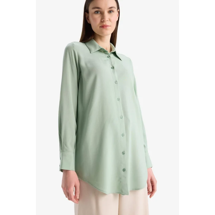 Defacto Z3538 Yeşil Regular Fit Basic Düz Uzun Kollu Tesettür Gömlek Tunik