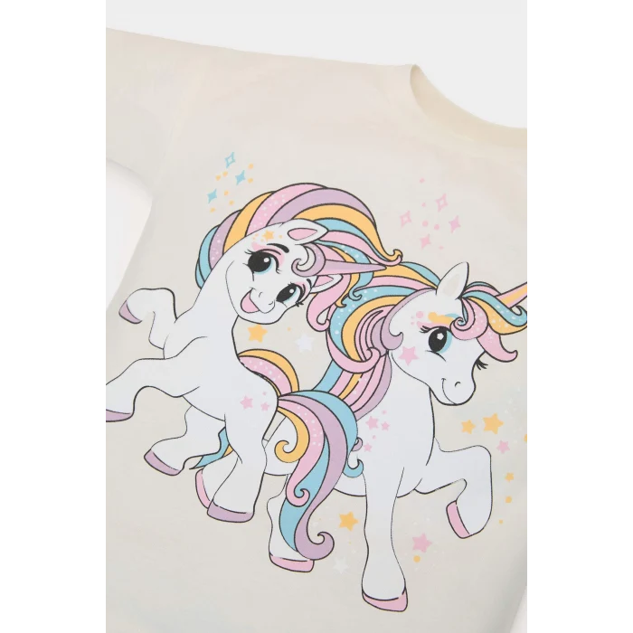 Defacto E5558 Ekru Kız Bebek 2li Takım Unicorn Baskılı Uzun Kollu Tişört İspanyol Paça Tayt