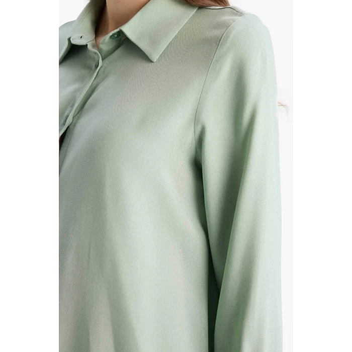 Defacto Z3538 Yeşil Regular Fit Basic Düz Uzun Kollu Tesettür Gömlek Tunik