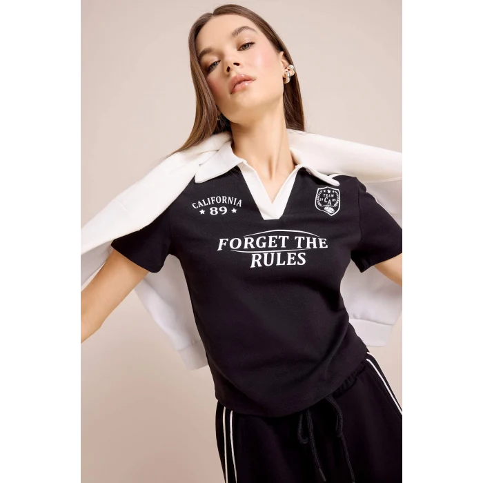 Defacto E7443 Siyah Coool Fitted Polo Yaka Baskılı Ribana Kısa Kollu Tişört