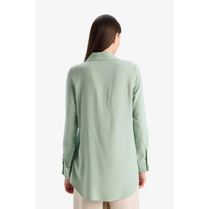 Defacto Z3538 Yeşil Regular Fit Basic Düz Uzun Kollu Tesettür Gömlek Tunik