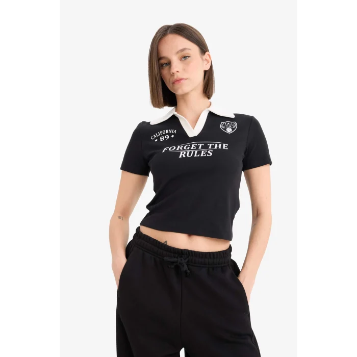 Defacto E7443 Siyah Coool Fitted Polo Yaka Baskılı Ribana Kısa Kollu Tişört