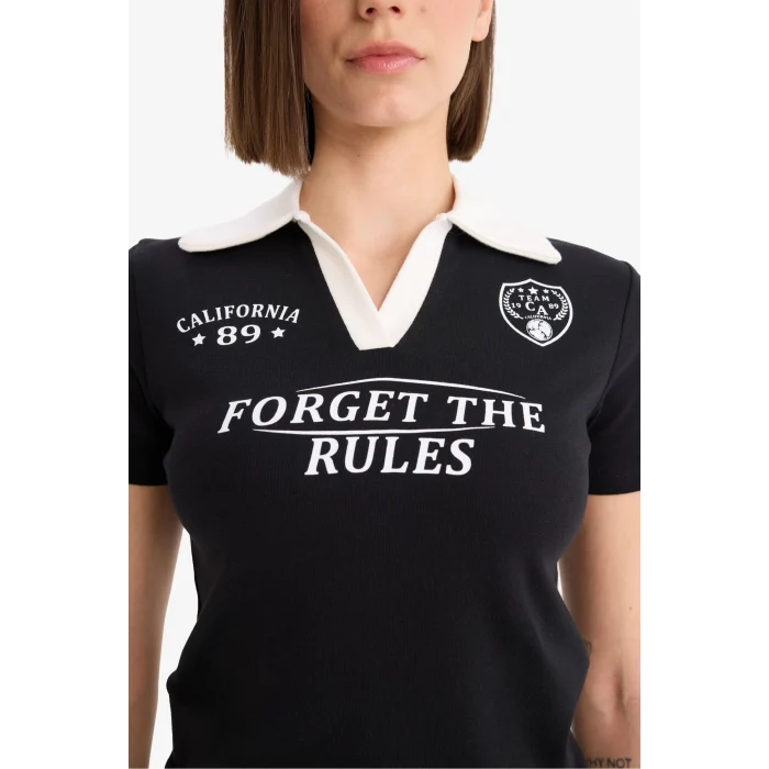 Defacto E7443 Siyah Coool Fitted Polo Yaka Baskılı Ribana Kısa Kollu Tişört