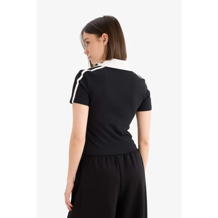 Defacto E7443 Siyah Coool Fitted Polo Yaka Baskılı Ribana Kısa Kollu Tişört