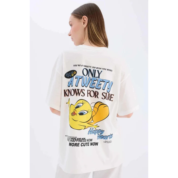 Defacto D9119 Beyaz Coool Looney Tunes Oversize Geniş Kalıp Bisiklet Yaka Baskılı Kısa Kollu Tişört