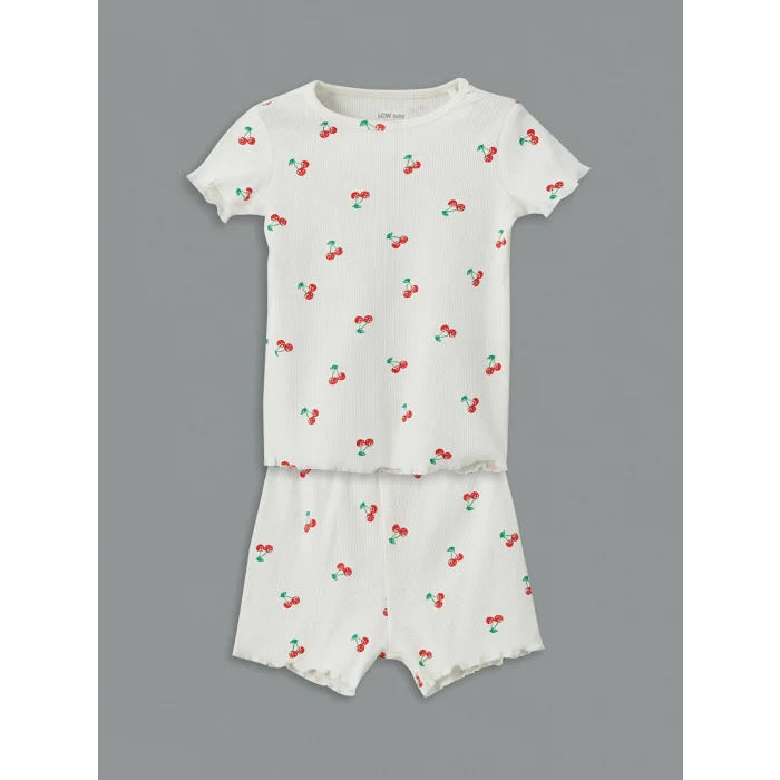 LCW baby Ekru Kiraz Baskılı Kız Bebek Şortlu Pijama Takım