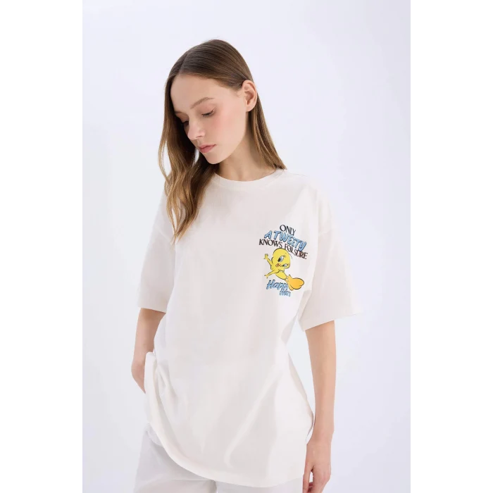 Defacto D9119 Beyaz Coool Looney Tunes Oversize Geniş Kalıp Bisiklet Yaka Baskılı Kısa Kollu Tişört